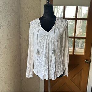🦋 Lucky Brand White Boho Women's Long Sleeve Tassle Detail Peasant Blouse
